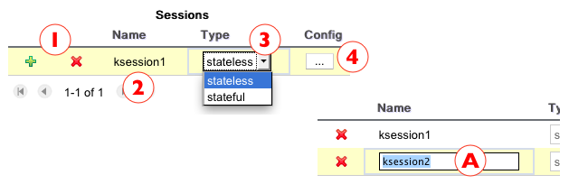 Knowledge Sessions Grid - basic information to define a ksession are available to be edited in place.