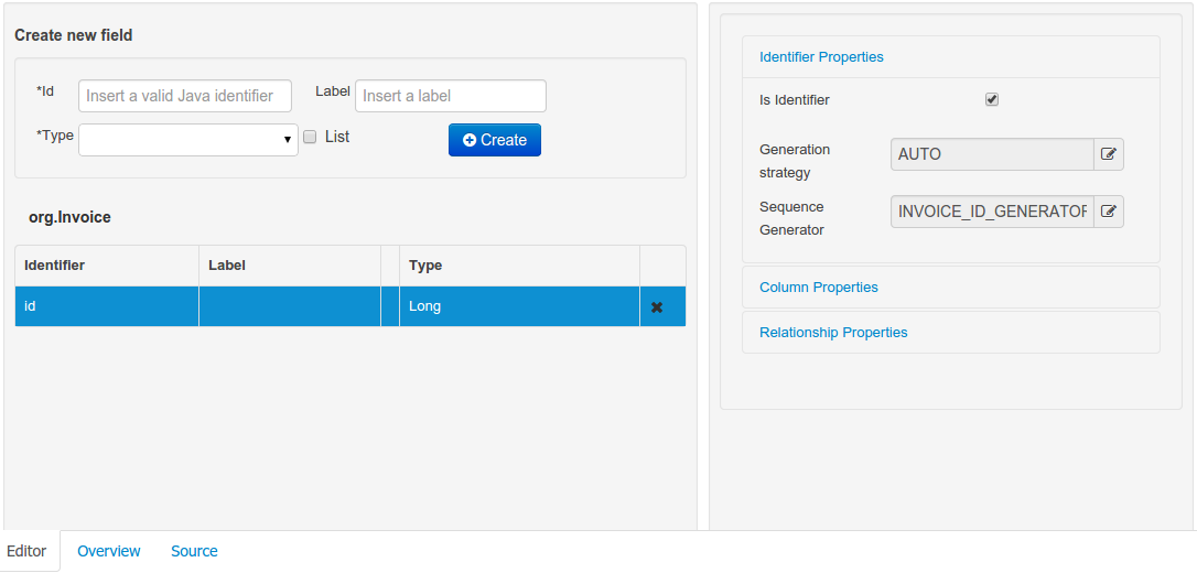 Field level JPA domain editor