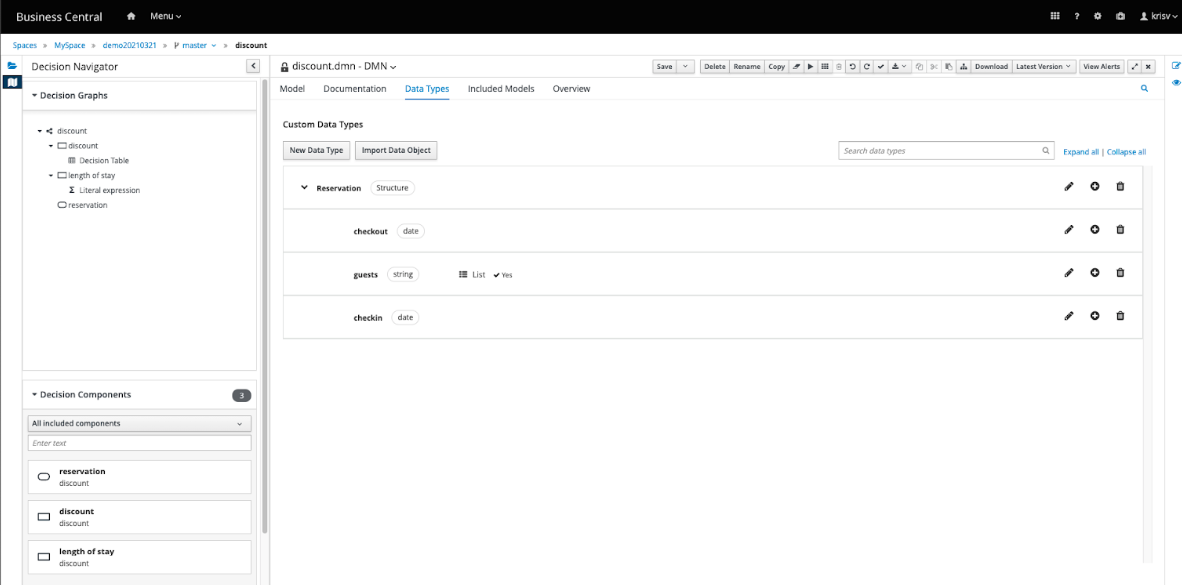 Example of a DMN decision service using ItemDefinition structure